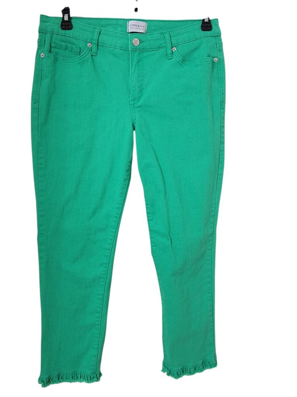 Crown & Ivy Size 12 Green High Rise Skinny Crop Ruffle Trim Jeans